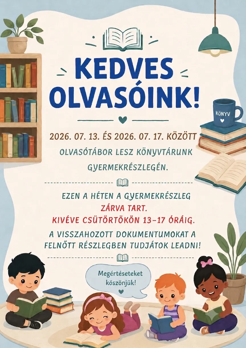 Olvasótábor miatt módosul a gyermekrészleg nyitvatartása